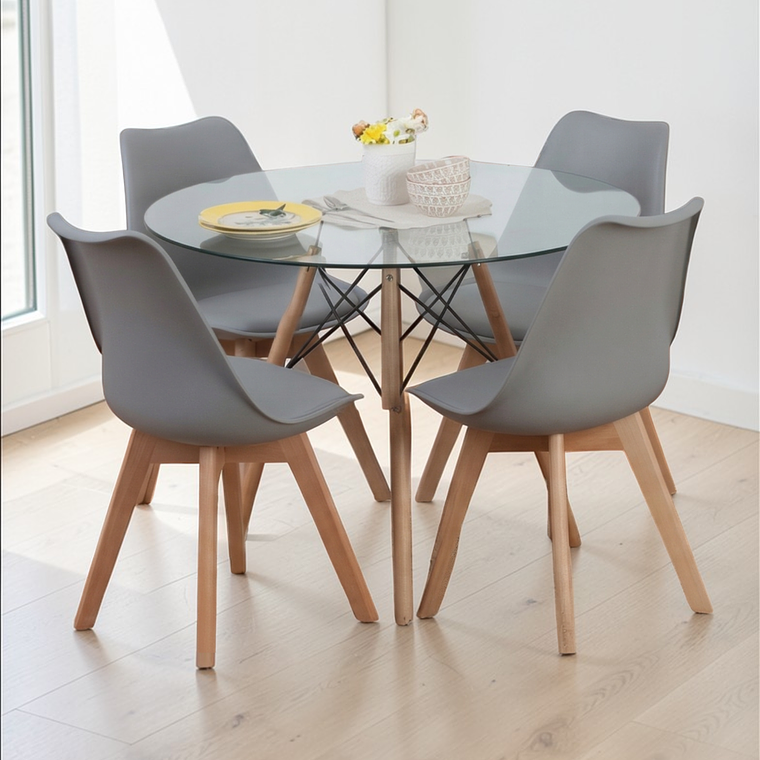 Comedor Mesa Redonda Vidrio Eames 100 cm + 4 Sillas Tulip 1
