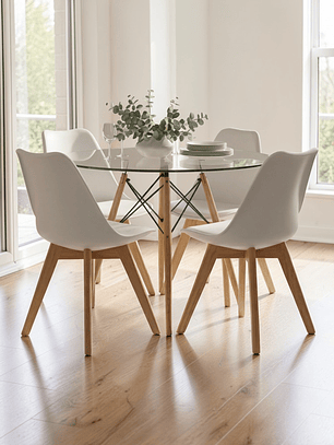 Comedor Mesa Redonda Vidrio Eames 100 cm + 4 Sillas Tulip