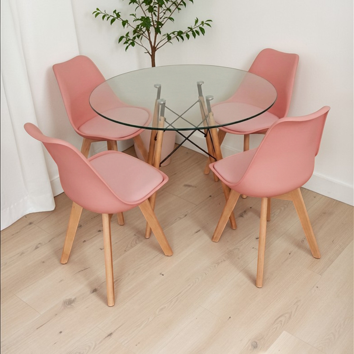 Comedor Mesa Redonda Vidrio Eames 100 cm + 4 Sillas Tulip 4
