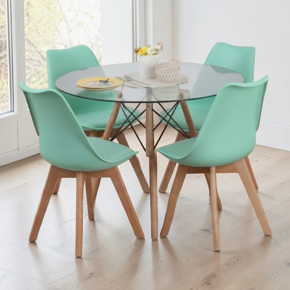 Comedor Mesa Redonda Vidrio Eames 100 cm + 4 Sillas Tulip 6