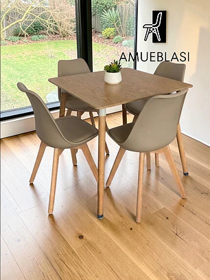 Comedor Mesa Cuadrada Melamina 80x80 cm + 4 Sillas Tulip