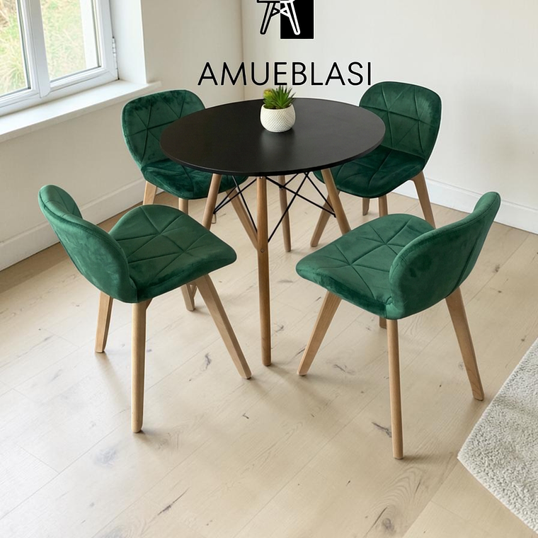 Comedor Mesa Redonda Melamina Eames 80 cm + 4 Sillas Radar Velvet 2