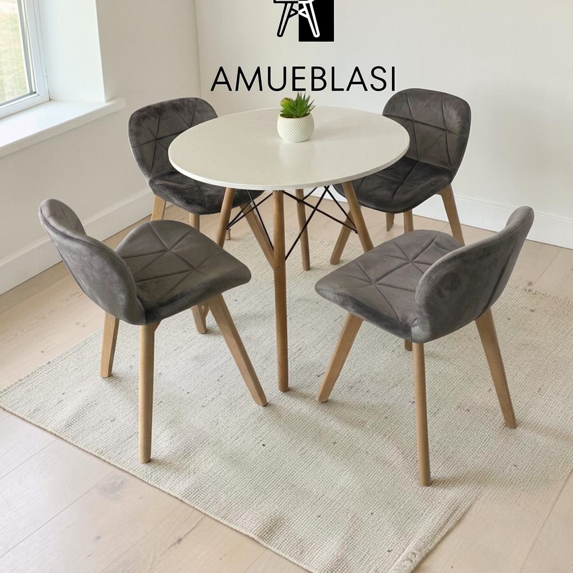 Comedor Mesa Redonda Melamina Eames 80 cm + 4 Sillas Radar Velvet 3
