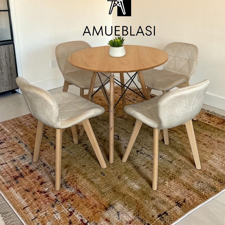 Comedor Mesa Redonda Melamina Eames 80 cm + 4 Sillas Radar Velvet 1