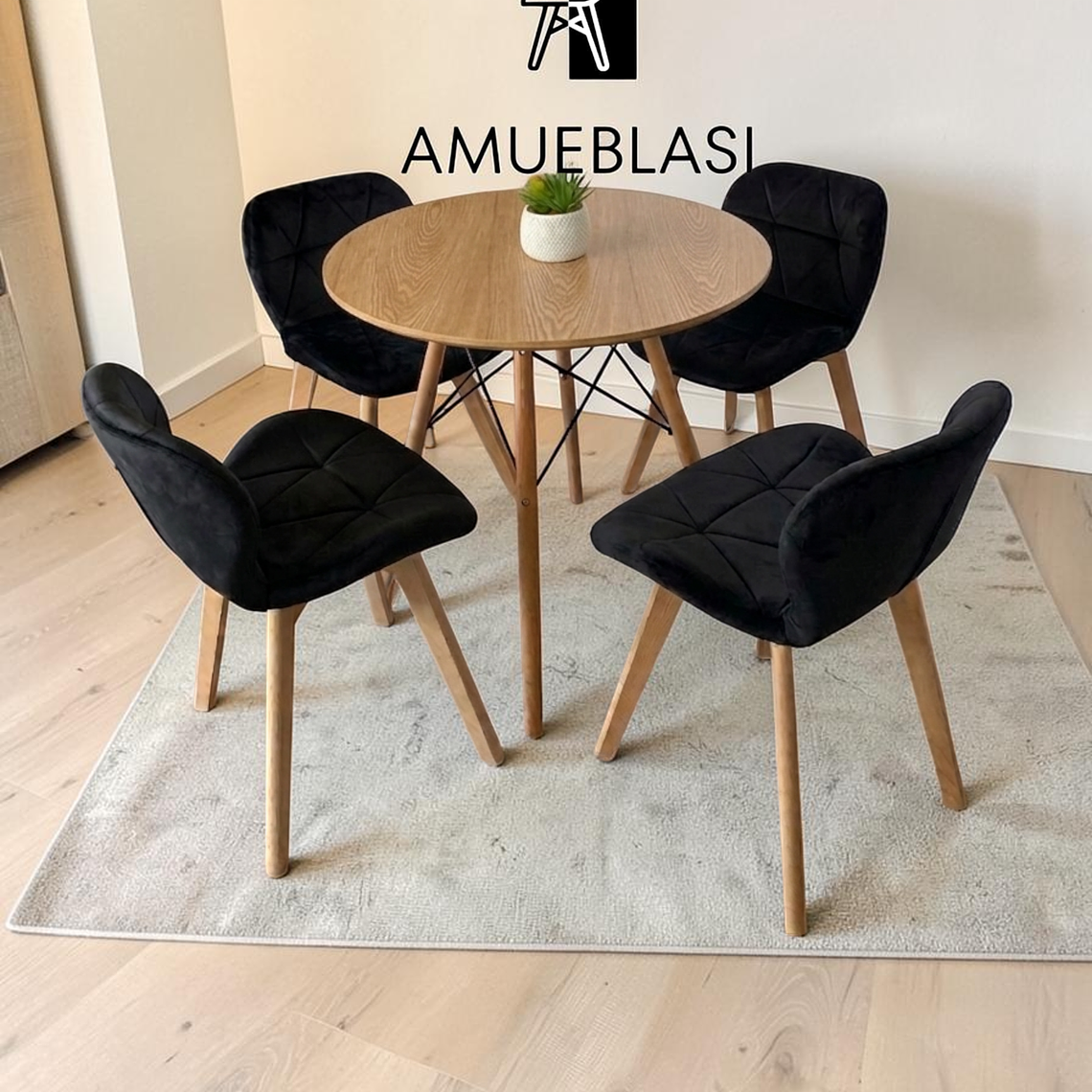Comedor Mesa Redonda Melamina Eames 80 cm + 4 Sillas Radar Velvet 6