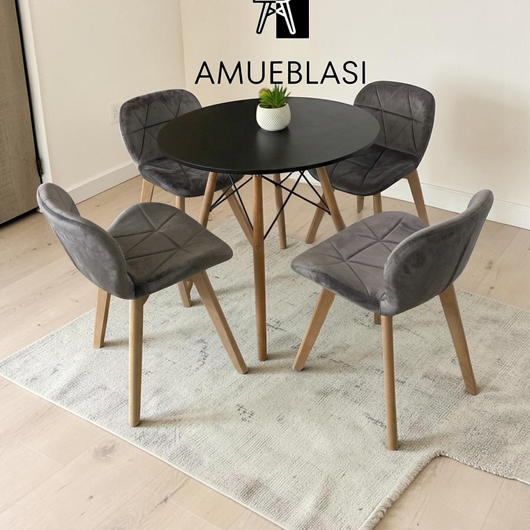 Comedor Mesa Redonda Melamina Eames 80 cm + 4 Sillas Radar Velvet 7