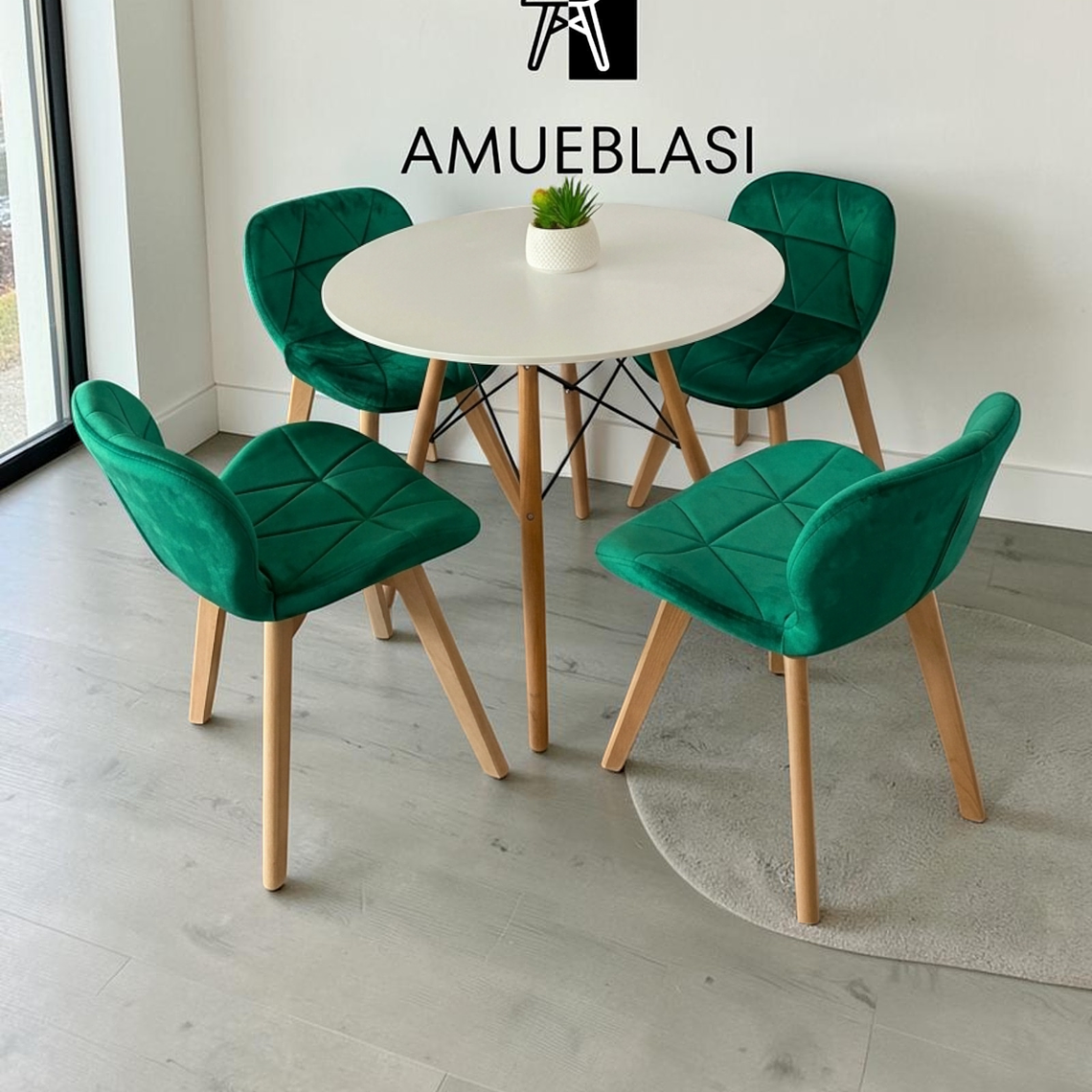 Comedor Mesa Redonda Melamina Eames 80 cm + 4 Sillas Radar Velvet 11