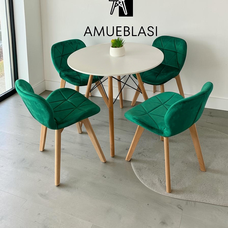 Comedor Mesa Redonda Melamina Eames 80 cm + 4 Sillas Radar Velvet 11