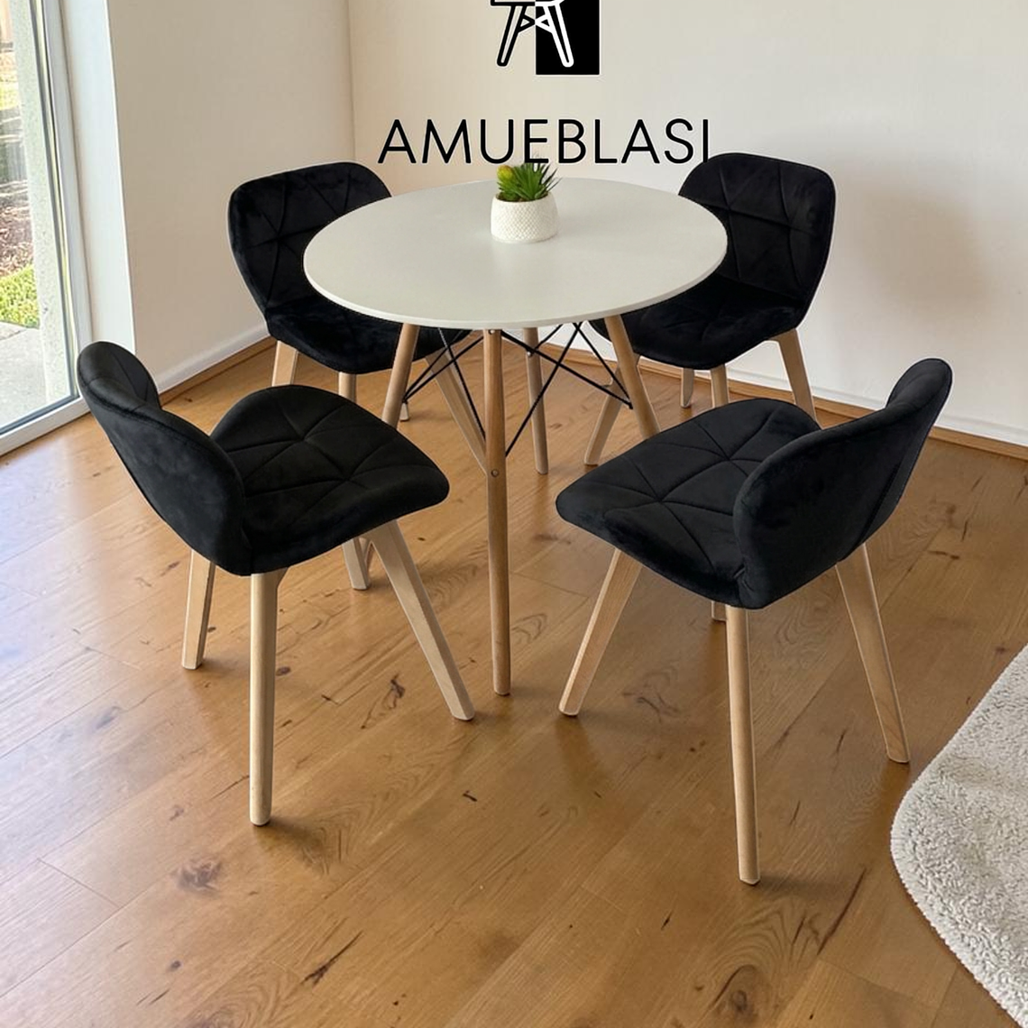 Comedor Mesa Redonda Melamina Eames 80 cm + 4 Sillas Radar Velvet 12