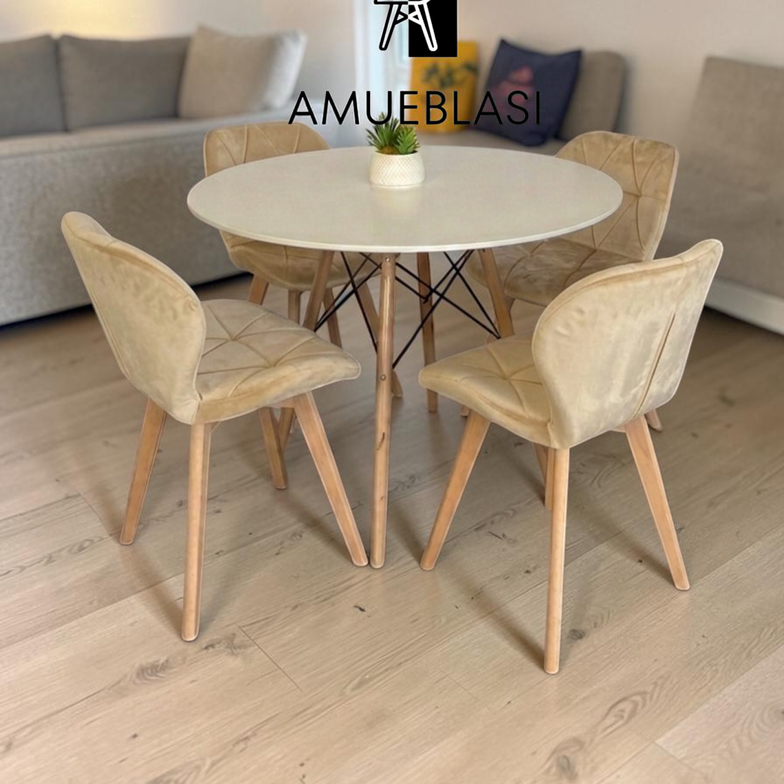 Comedor Mesa Redondas Melamina Eames 100 cm + 4 Sillas Radar Velvet 2