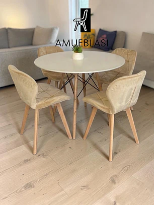 Comedor Mesa Redondas Melamina Eames + 4 Sillas Radar Velvet