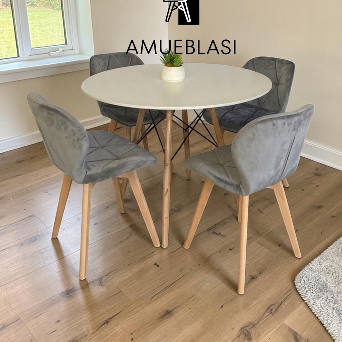 Comedor Mesa Redondas Melamina Eames 100 cm + 4 Sillas Radar Velvet 4