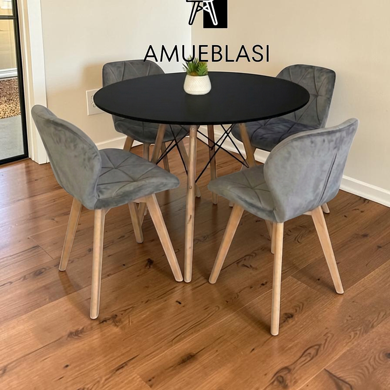 Comedor Mesa Redondas Melamina Eames 100 cm + 4 Sillas Radar Velvet 5