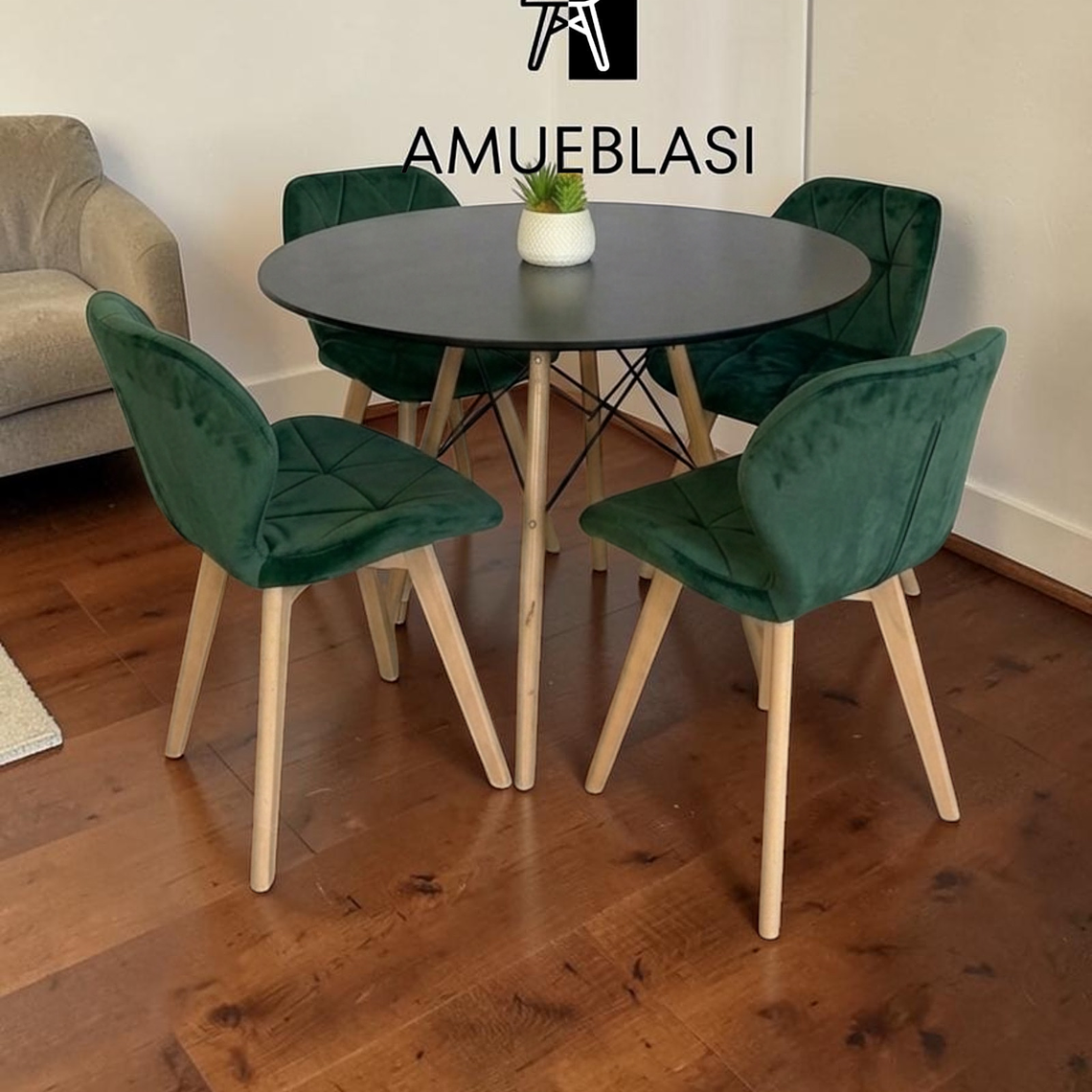 Comedor Mesa Redondas Melamina Eames 100 cm + 4 Sillas Radar Velvet 6