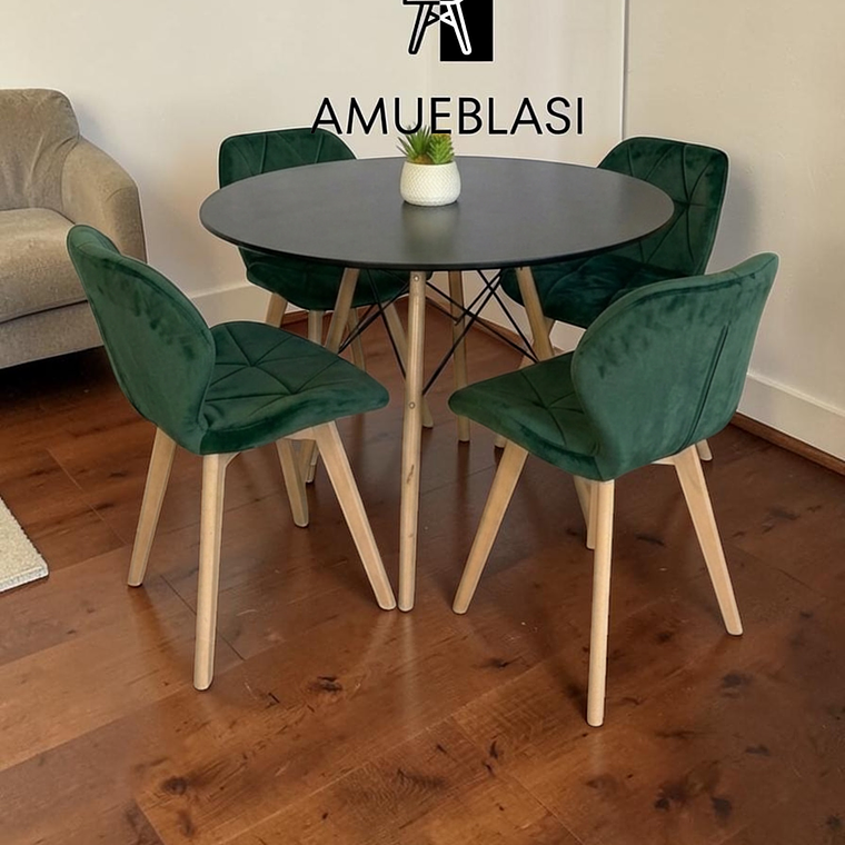 Comedor Mesa Redondas Melamina Eames 100 cm + 4 Sillas Radar Velvet 6