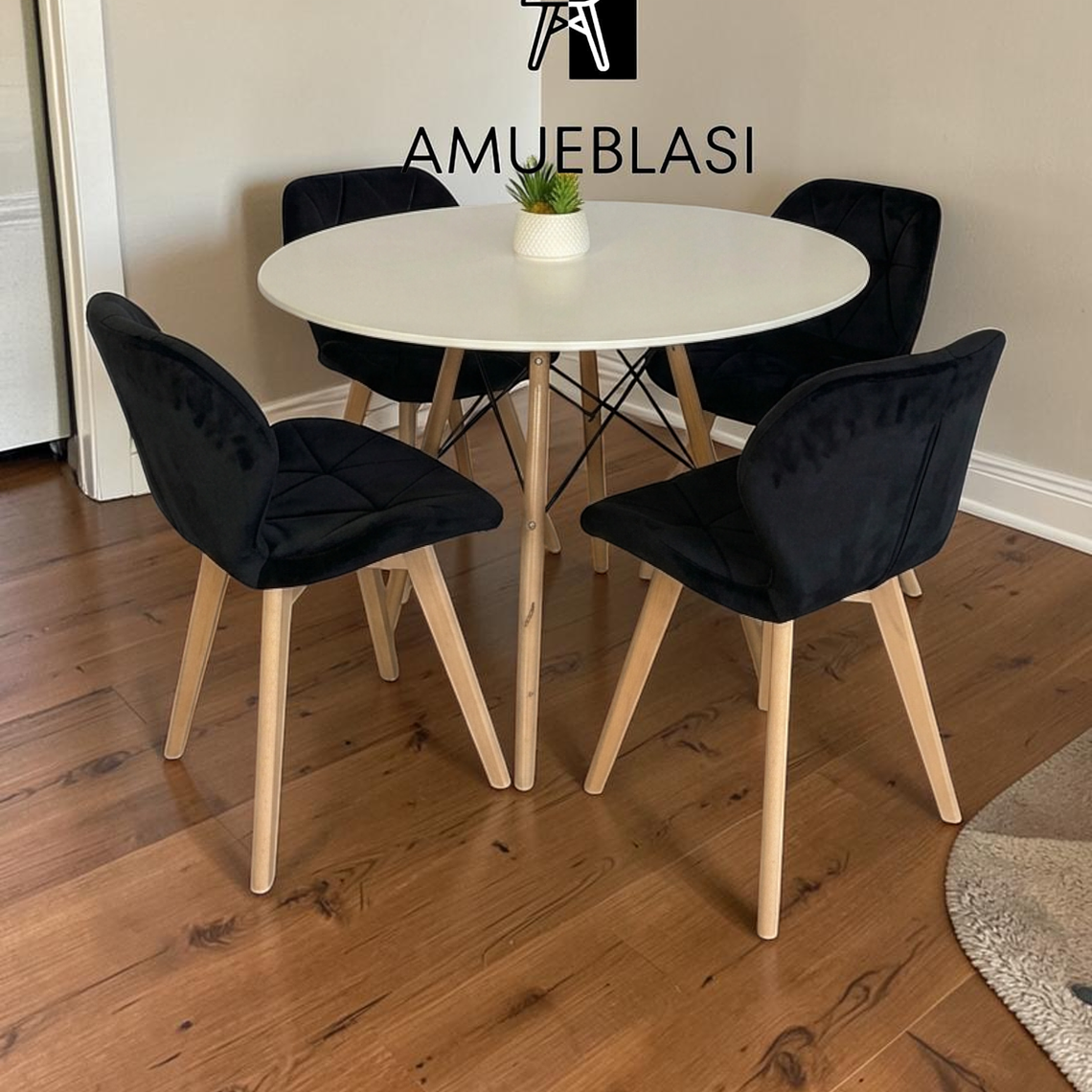 Comedor Mesa Redondas Melamina Eames 100 cm + 4 Sillas Radar Velvet 7