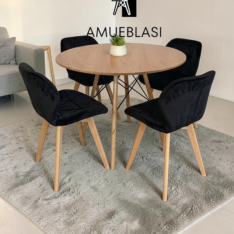 Comedor Mesa Redondas Melamina Eames 100 cm + 4 Sillas Radar Velvet 1