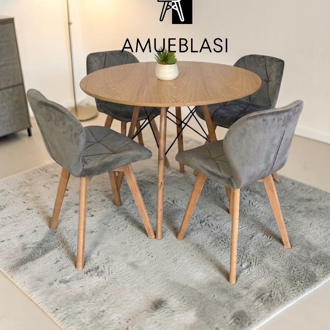 Comedor Mesa Redondas Melamina Eames 100 cm + 4 Sillas Radar Velvet 8