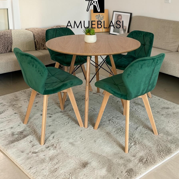 Comedor Mesa Redondas Melamina Eames 100 cm + 4 Sillas Radar Velvet 9