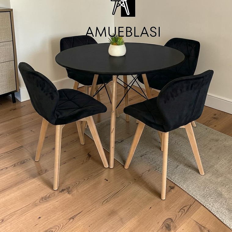 Comedor Mesa Redondas Melamina Eames 100 cm + 4 Sillas Radar Velvet 10