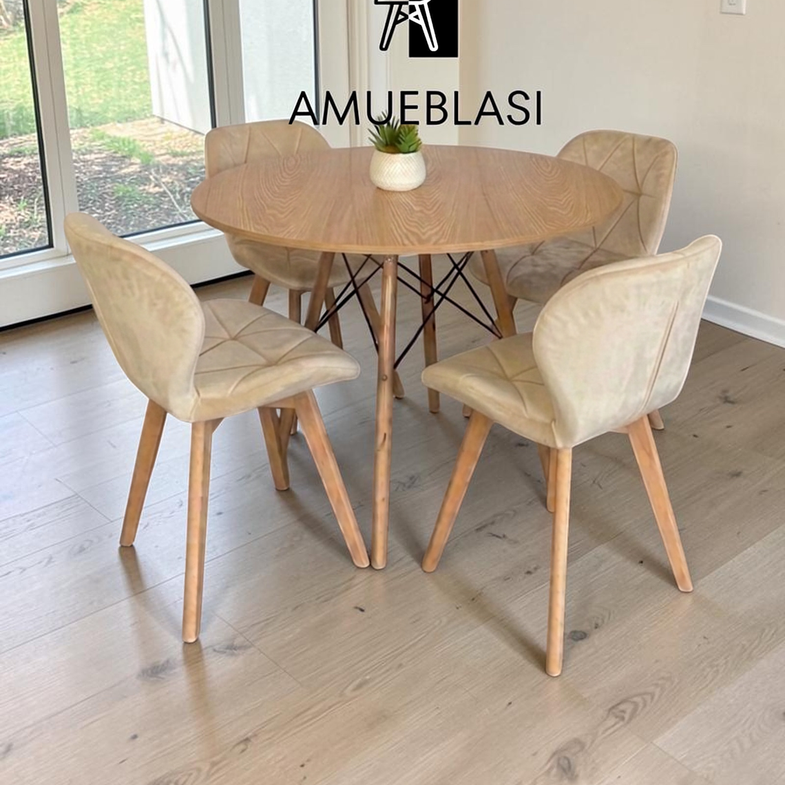 Comedor Mesa Redondas Melamina Eames 100 cm + 4 Sillas Radar Velvet 12