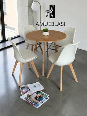 Comedor Mesa Redonda Melamina Eames 80 cm + 4 Sillas Tulip