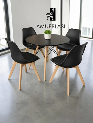 Comedor Mesa Redonda Melamina Eames 80 cm + 4 Sillas Tulip