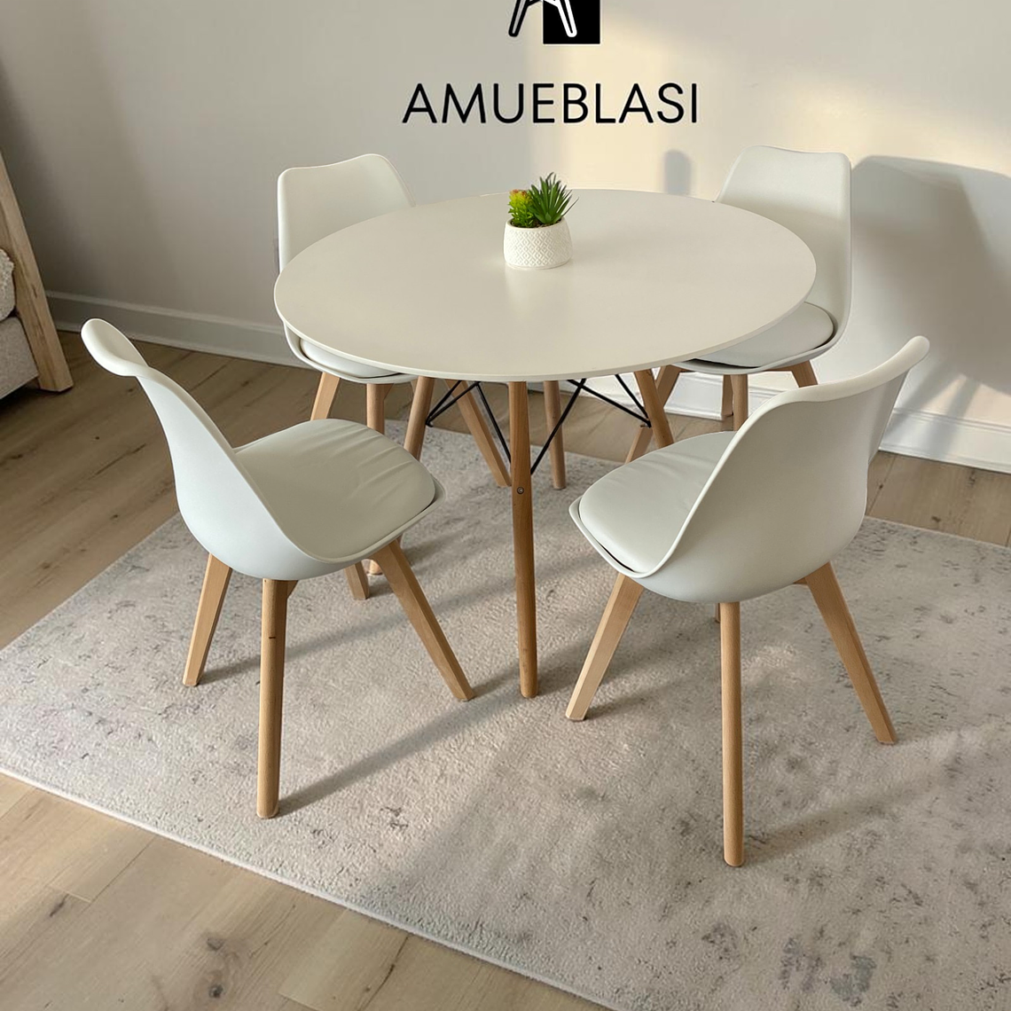 Comedor Mesa Redonda Melamina Eames 100 cm + 4 Sillas Tulip 1