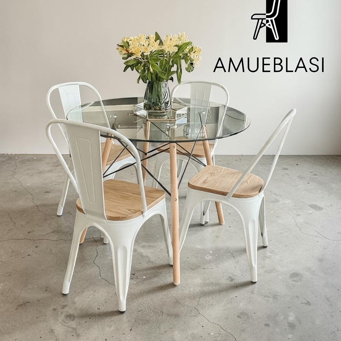 Comedor Mesa Redonda Vidrio Eames 80 cm + 4 Sillas Tolix con madera 2