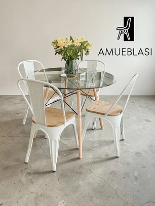Comedor Mesa Redonda Vidrio Eames 80 cm + 4 Sillas Tolix con madera