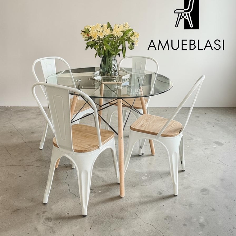 Comedor Mesa Redonda Vidrio Eames 80 cm + 4 Sillas Tolix con madera 2