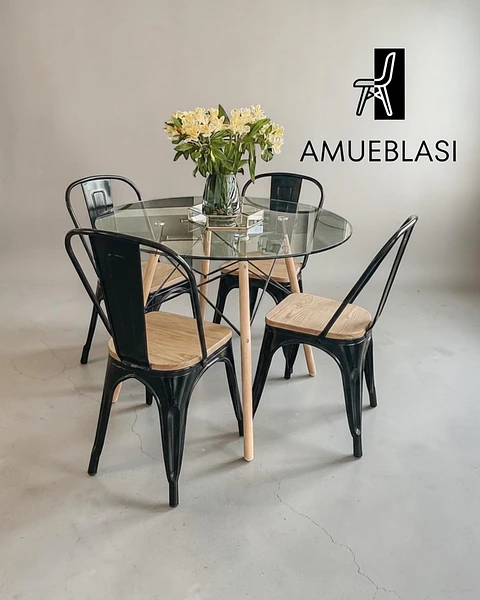 Comedor Redondo Vidrio Eames con Sillas Tolix Madera 