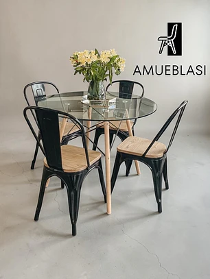 Comedor Mesa Redonda Vidrio Eames 80 cm + 4 Sillas Tolix con madera