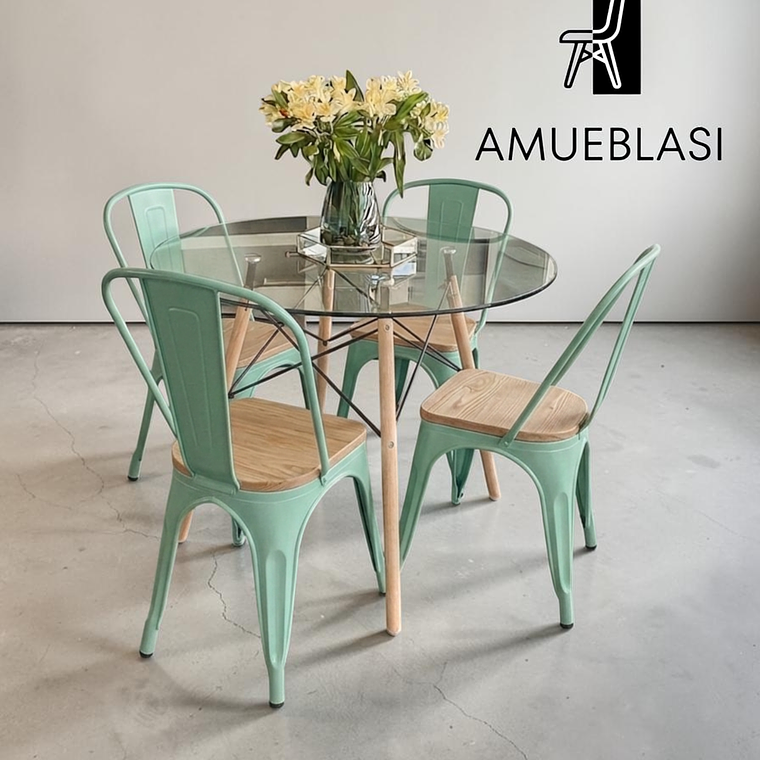 Comedor Mesa Redonda Vidrio Eames 80 cm + 4 Sillas Tolix con madera 3