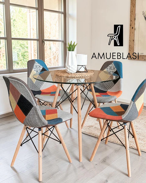 Comedor Redondo Vidrio Eames con Sillas Patchwork