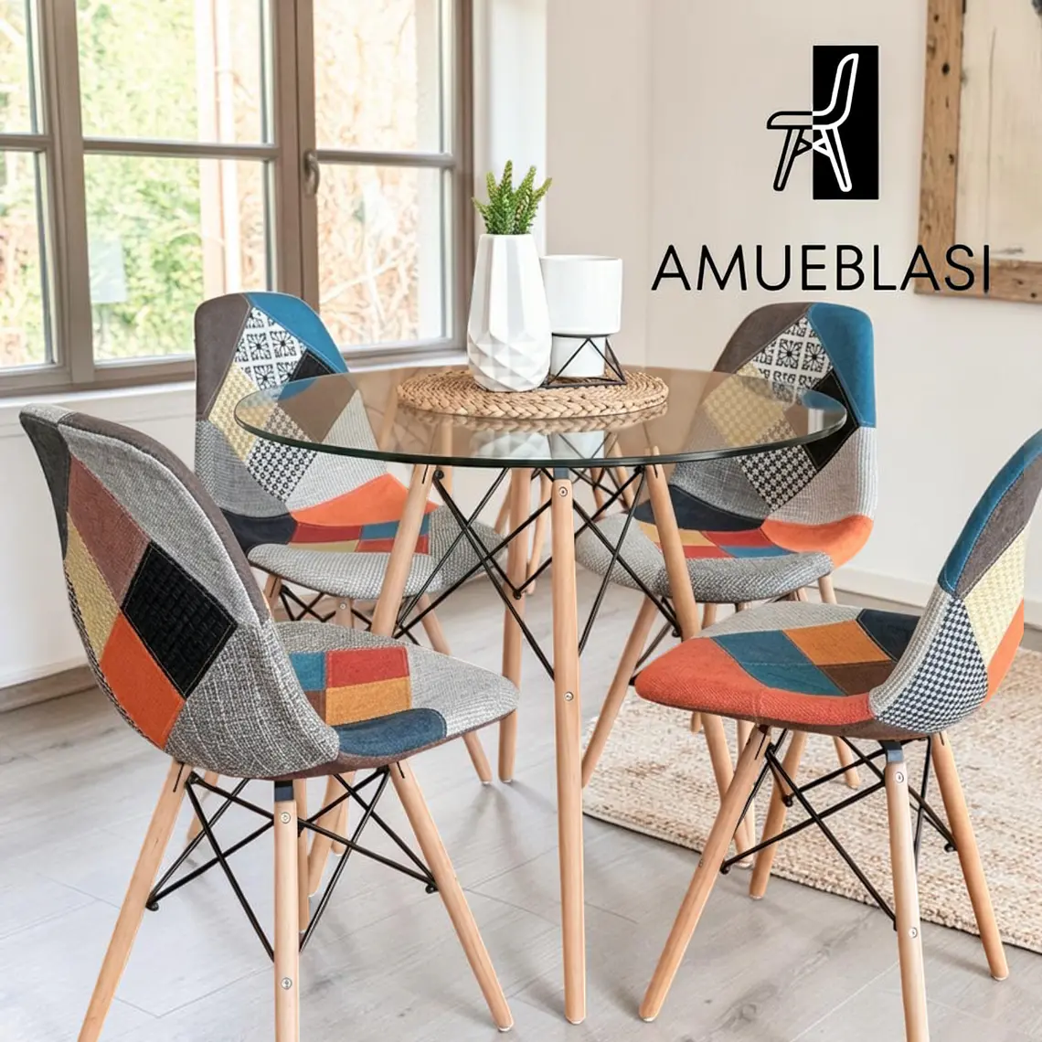 Comedor Redondo Vidrio 4 Sillas Patchwork – Mesa Eames 1