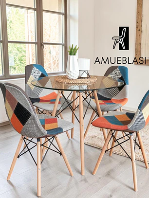 Comedor Mesa Redonda Vidrio Eames + 4 Sillas Patchwork