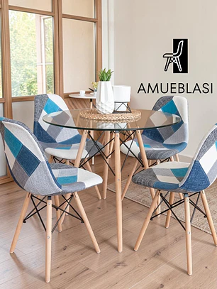 Comedor Mesa Redonda Vidrio Eames + 4 Sillas Patchwork