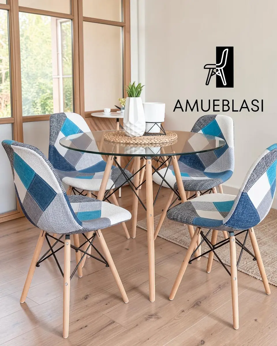 Comedor Redondo Vidrio Eames con Sillas Patchwork 2