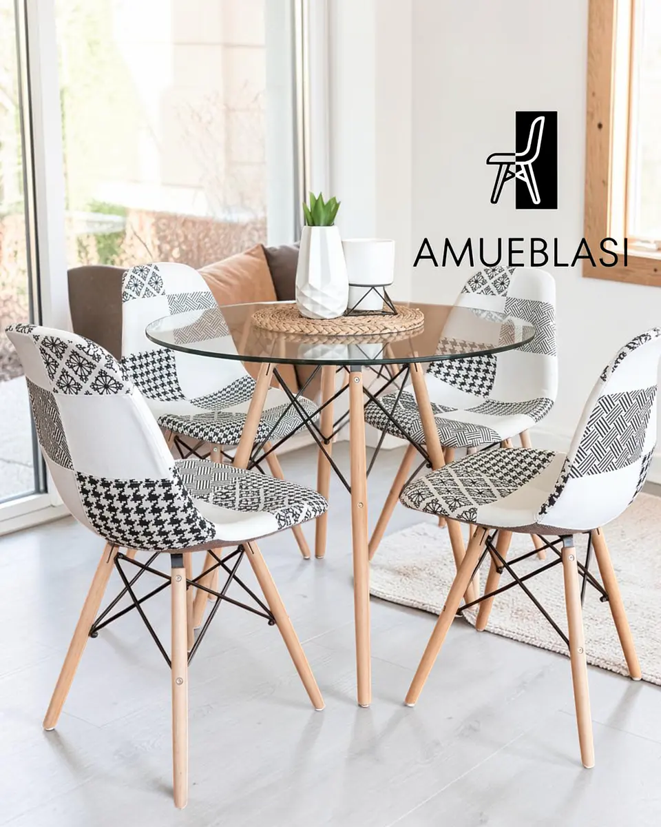 Comedor Redondo Vidrio Eames con Sillas Patchwork 3