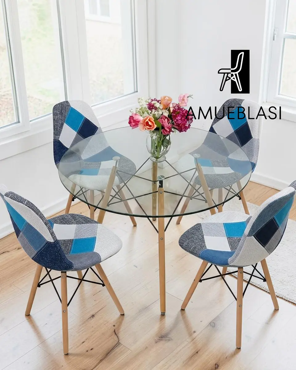 Comedor Redondo Vidrio Eames con Sillas Patchwork 4