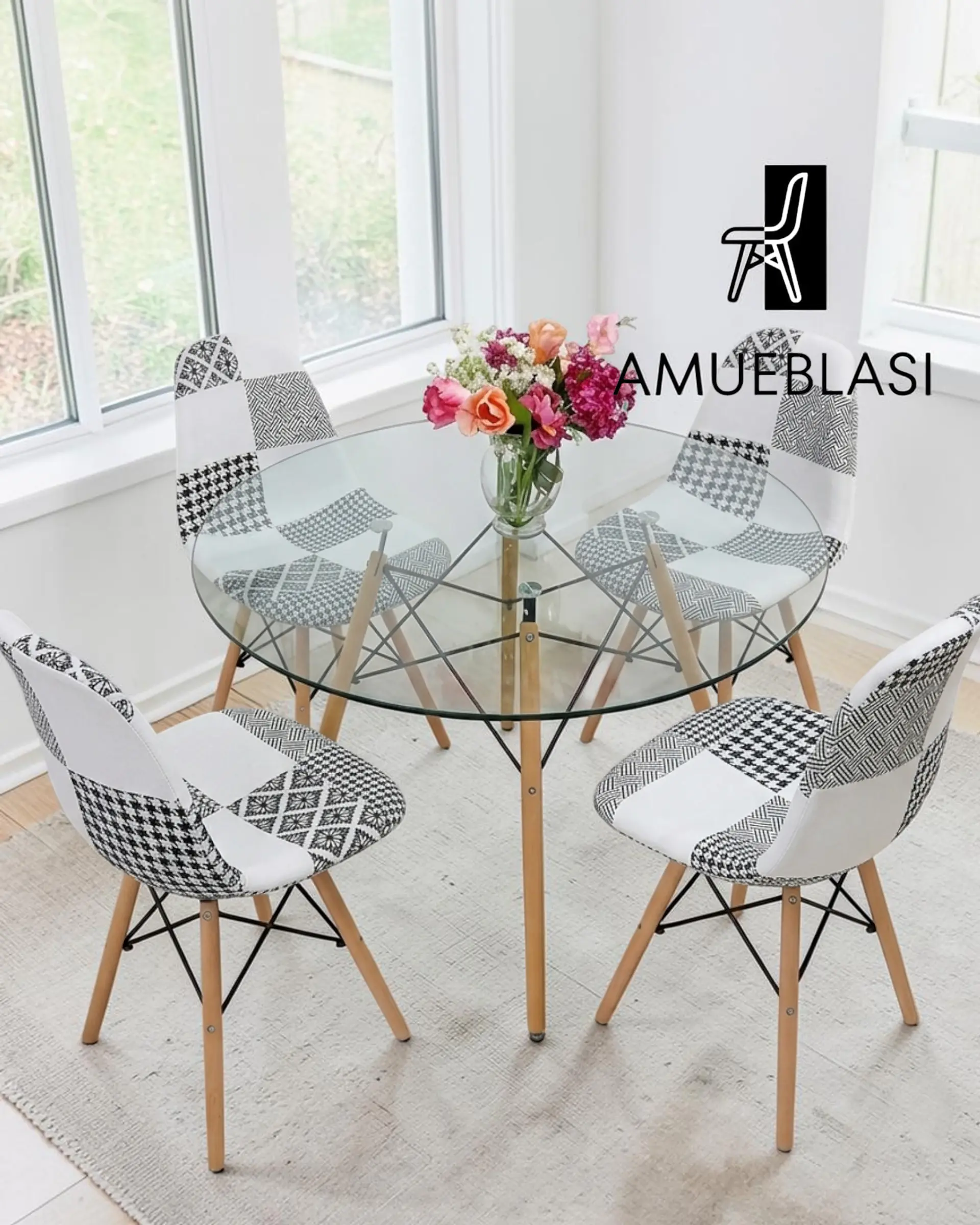 Comedor Redondo Vidrio Eames con Sillas Patchwork 5
