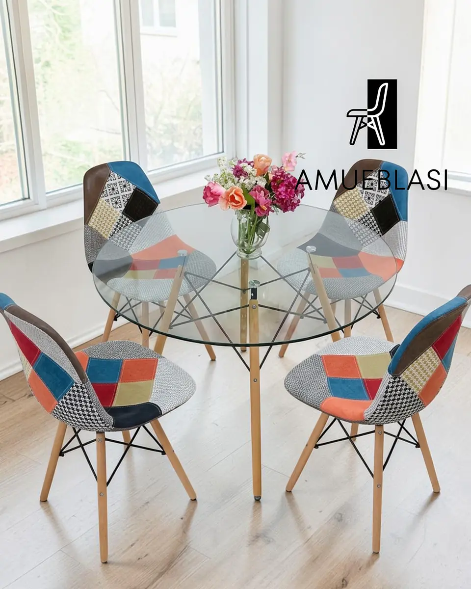 Comedor Redondo Vidrio Eames con Sillas Patchwork 6
