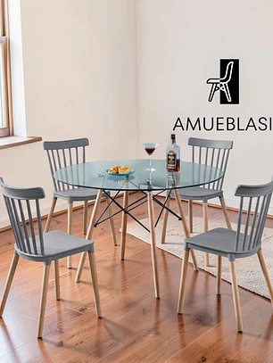 Comedor Mesa Redonda Vidrio Eames + 4 Sillas Windsor