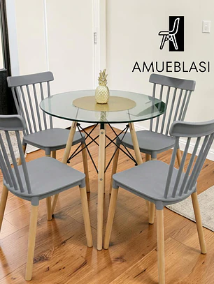 Comedor Mesa Redonda Vidrio Eames + 4 Sillas Windsor