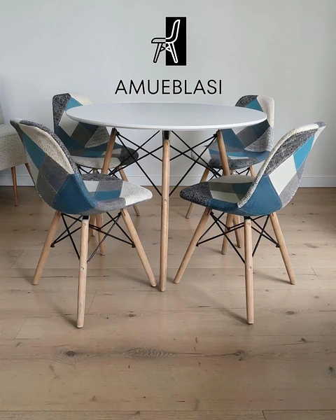 Comedor Redondo Melamina Eames con Sillas Patchwork