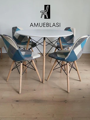 Comedor Mesa Redonda Melamina Eames + 4 Sillas Patchwork