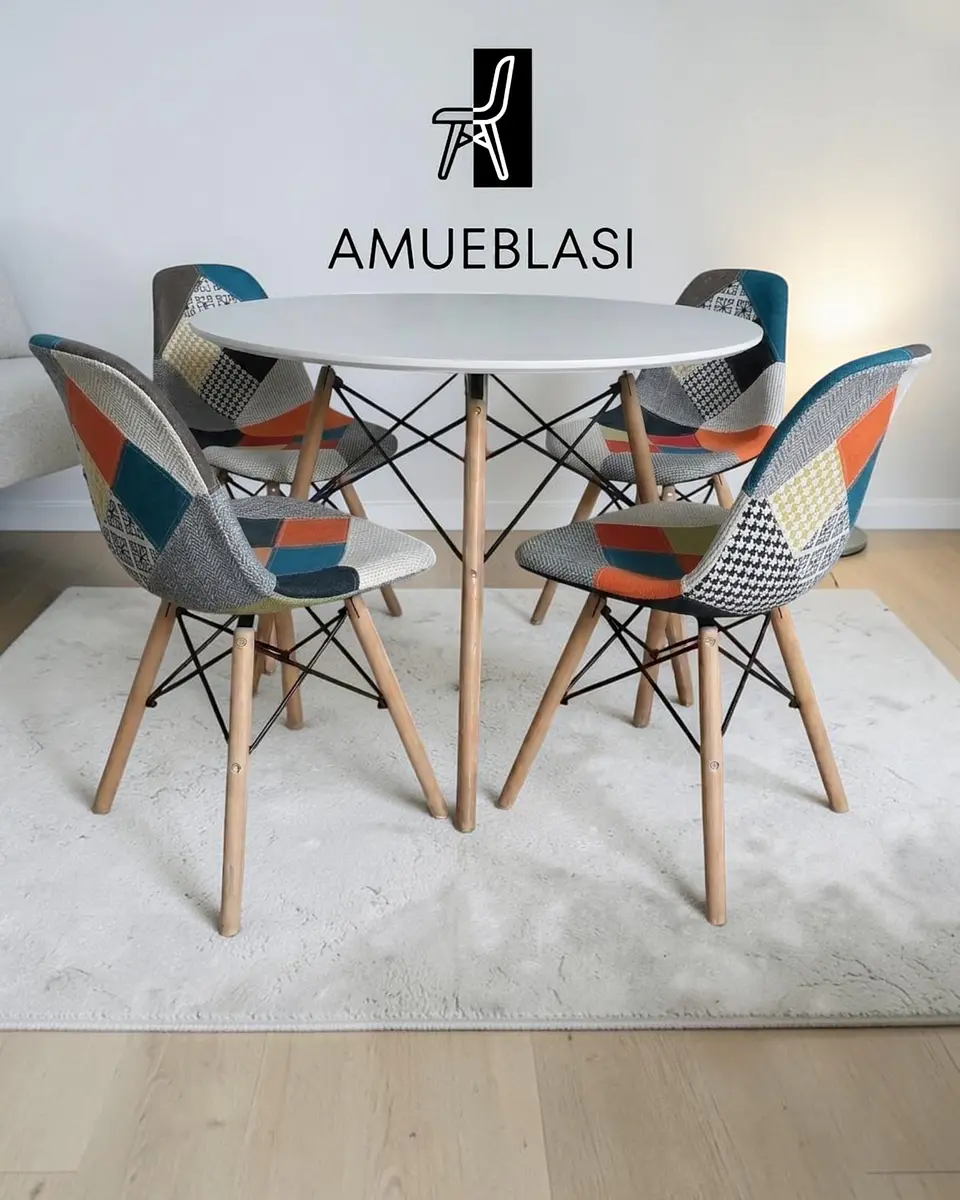 Comedor Redondo Melamina Eames con Sillas Patchwork 7