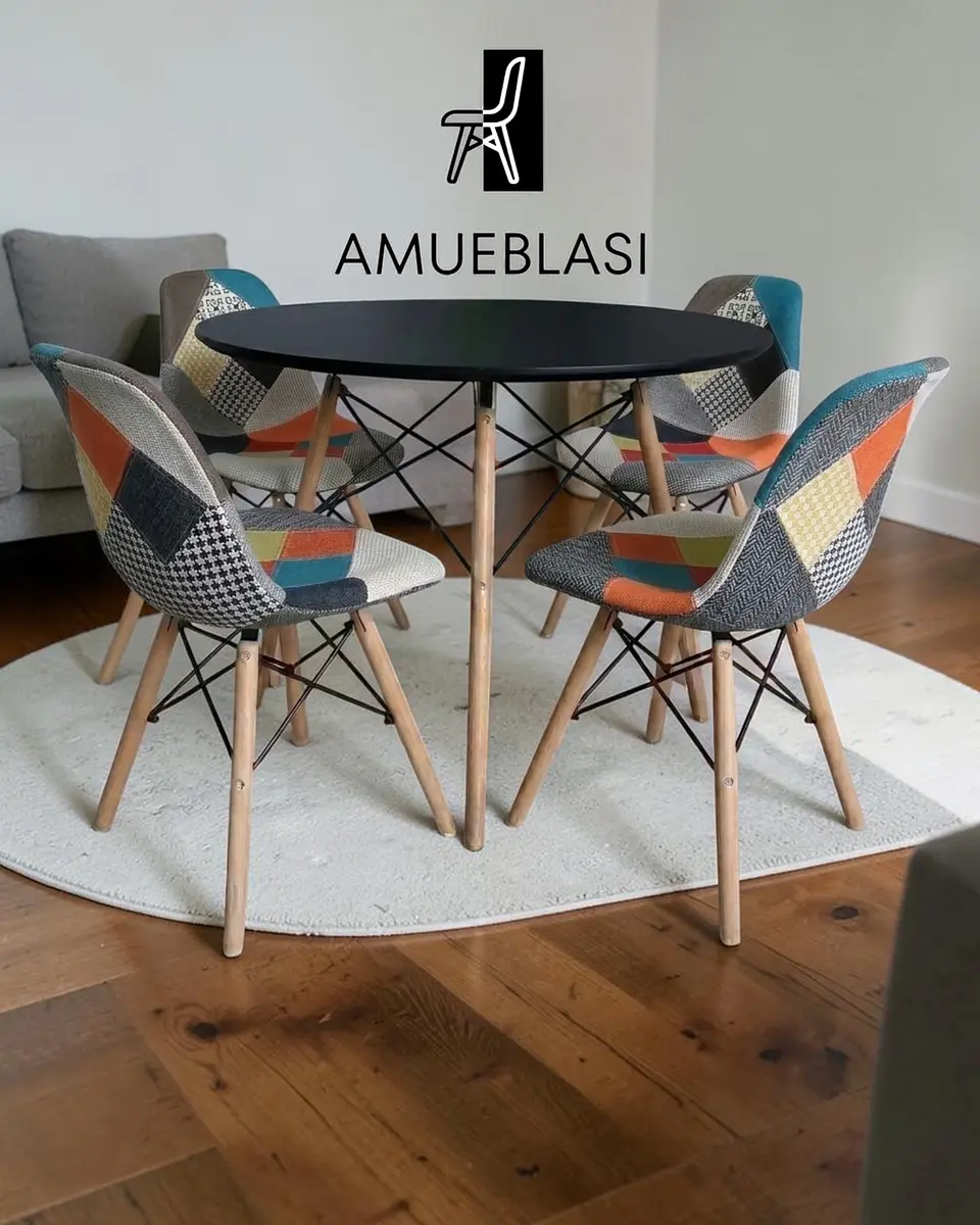 Comedor Redondo Melamina Eames con Sillas Patchwork 10