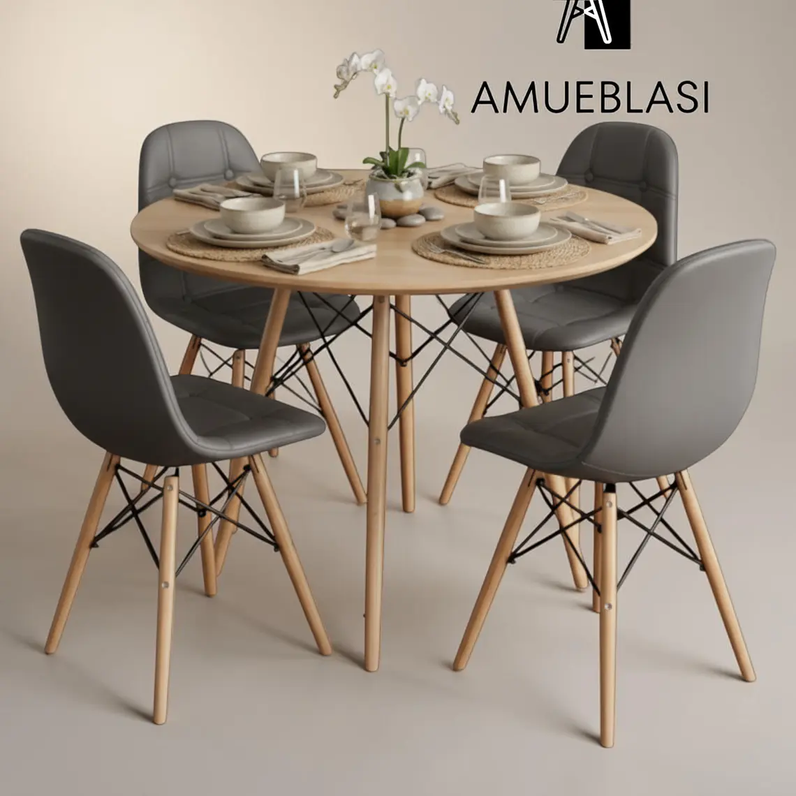 Comedor Redondo Melamina 4 Sillas Buckle – Mesa Eames 1